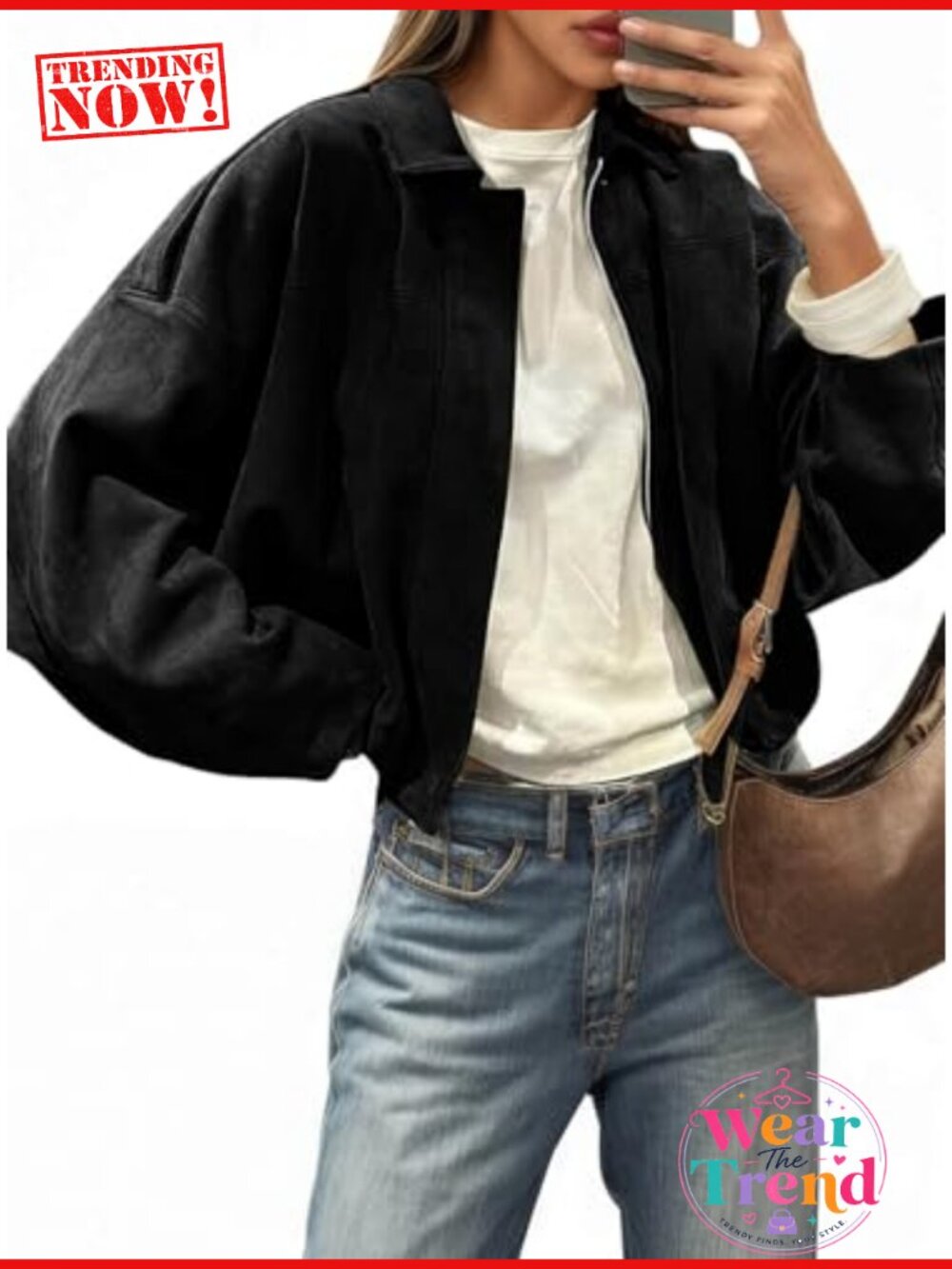 Faux Suede Bomber Jacket Cropped Oversized Zip Up Casual Coat - Picture 1 of 6